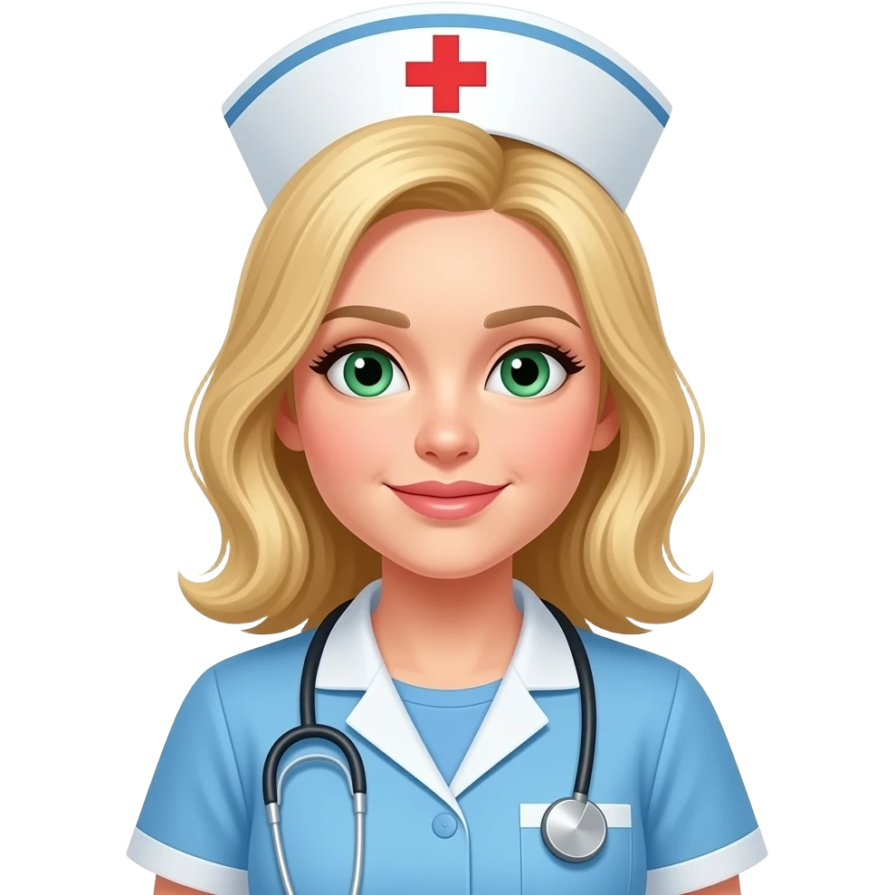 blonde, white  green eyed nurse more like emoji and in scrubs EMOJI STYLE emoji