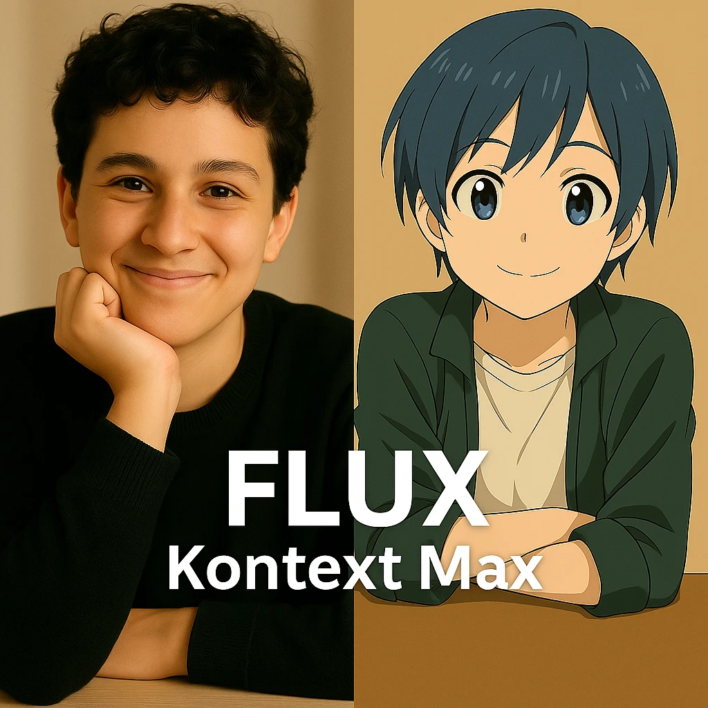 same similar image but chnage the text to "Flux Kontext Max", change people and pose too emoji
