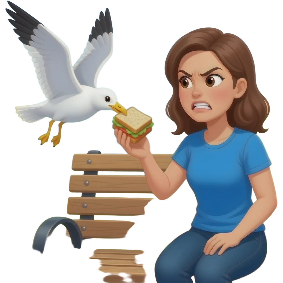 Seagull stealing a sandwich from an angry woman sitting on a bench emoji