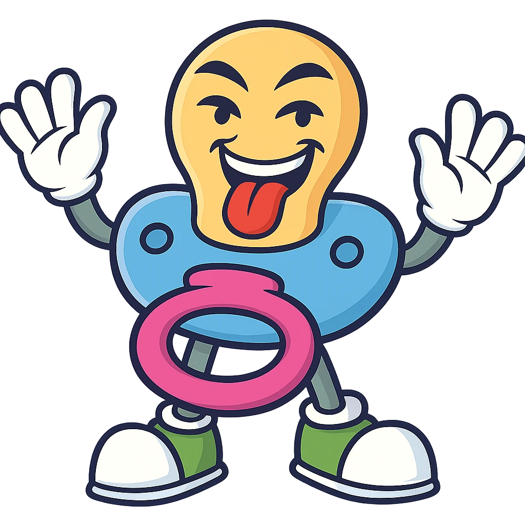 Create a 3D cartoon pacifier character inspired by the reference image, but as an adult character. The pacifier is the main body with an expressive face on the shield. Add arms and legs with gloved hands and shoes. Use a baby blue and pink color scheme. The expression should be mischievous and adult-like. Transparent background. emoji