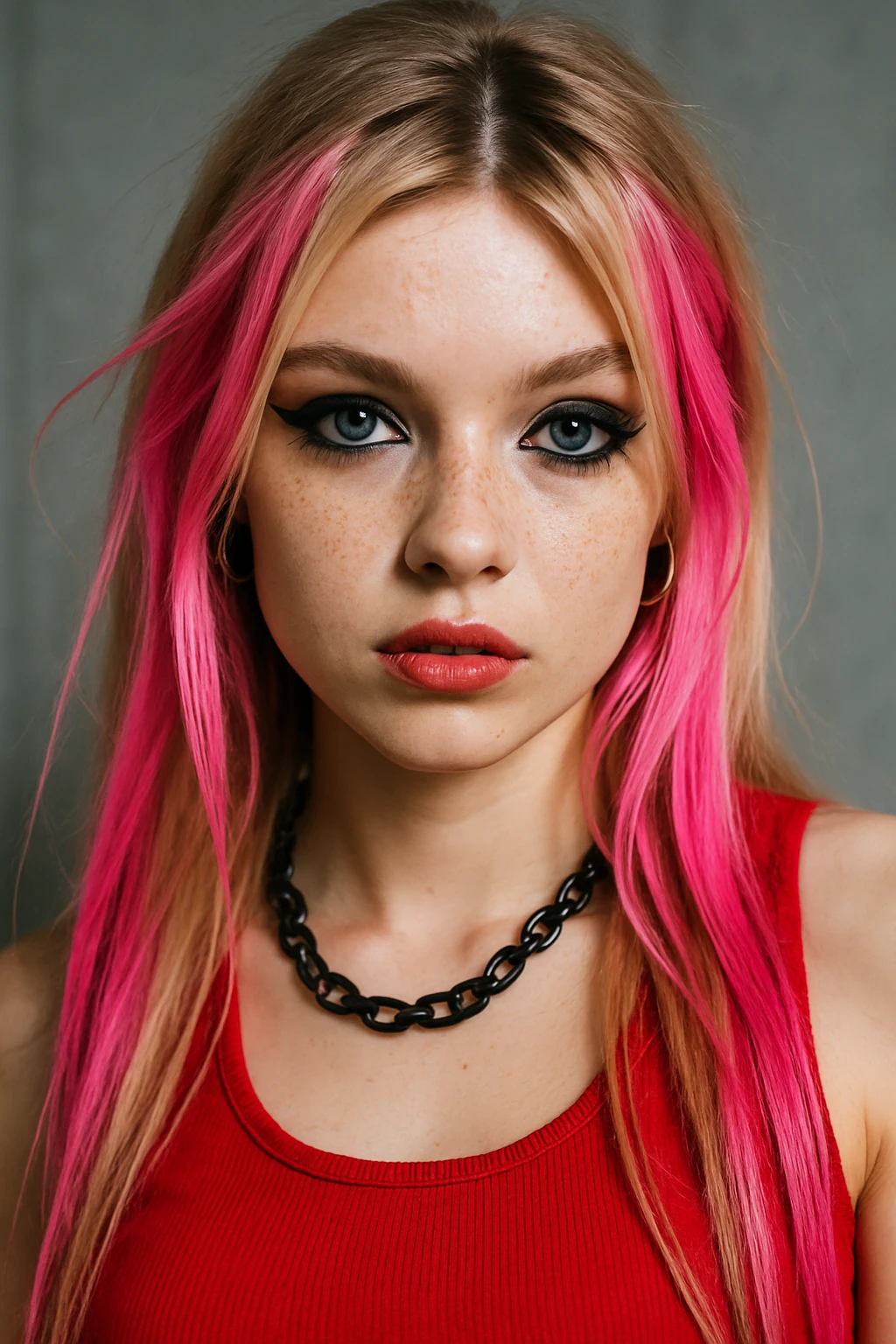 Y2K punk-inspired young blonde girl, blue eyes, long hair with pink highlights, light black eyeshadow and eyeliner, freckles, fake lashes, red top, black necklace. emoji