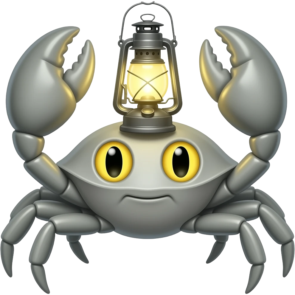 A Gray crab with a lantern on its back facing forward with growing yellow eyes with growing yellow eyes emoji
