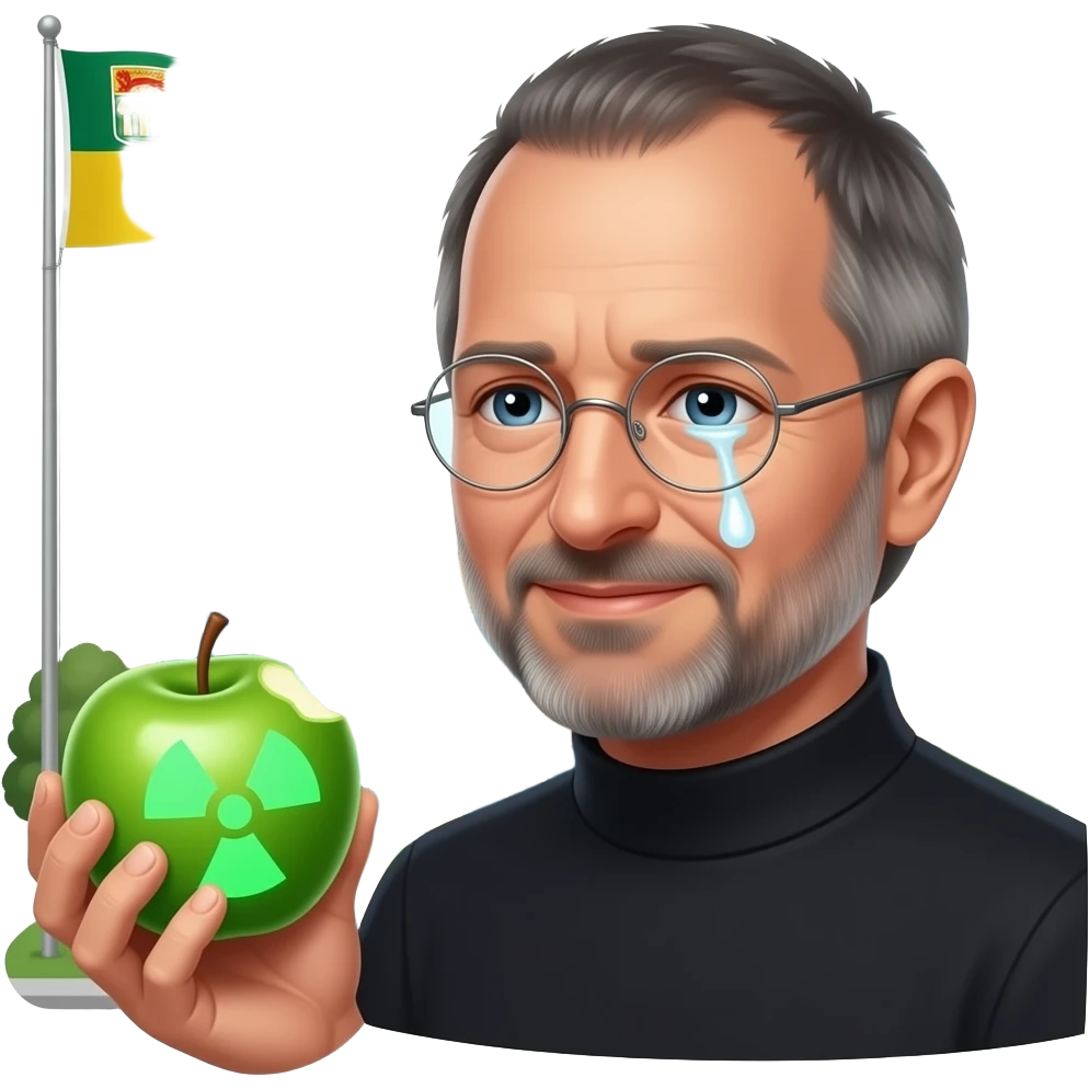 apple cofounder steve jobs holding a half eaten glowing neon green radioactive apple while crying single oil droplet tears and milk rains from the sky and a single saskatchewan flag is flying behind him because he is at apple corp but the corp is on fire emoji