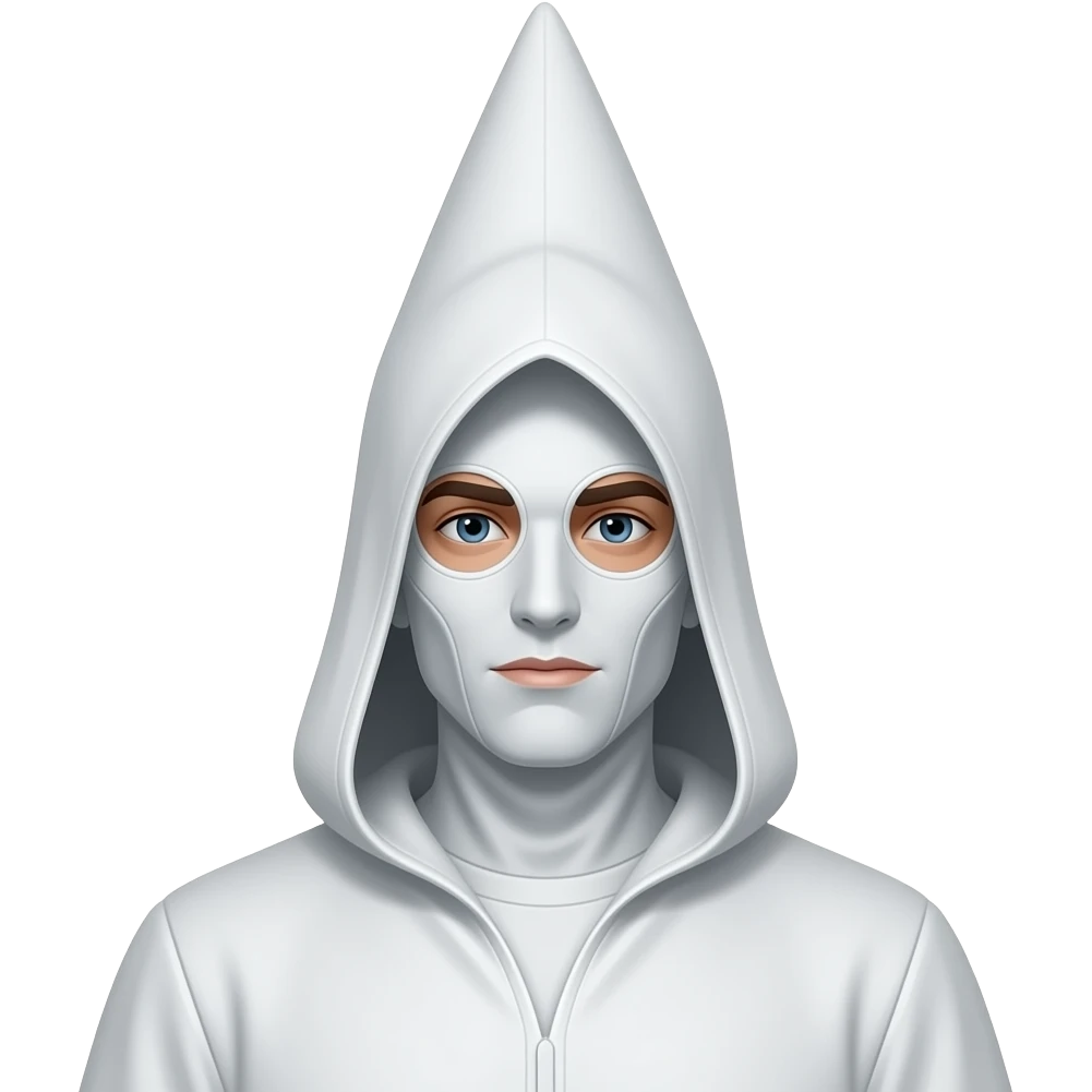 An emoji man with in a white outfit with a tall pointy white hood that covers his head and face with eye holes emoji
