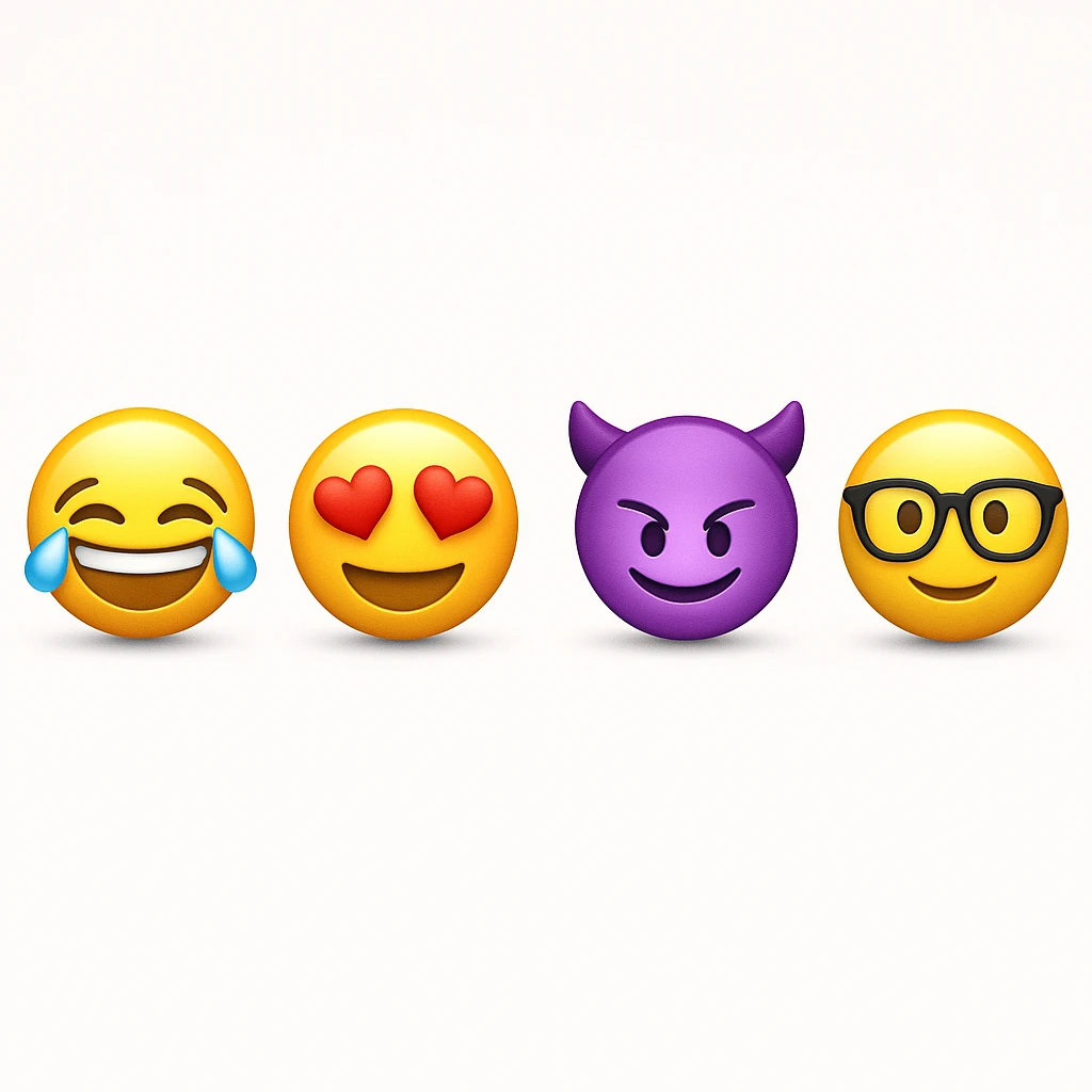 make four emojis on white background with good amount of shadow, four emojis of smiley's only. one laughing, second heart eyes, third purple devil and four black glasses emojis  emoji