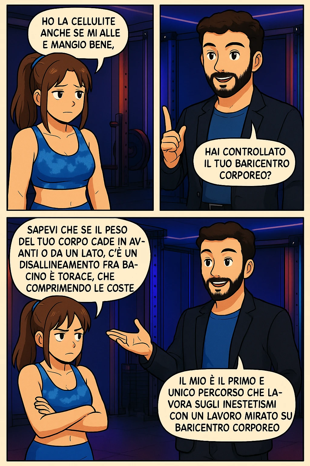 PRENDI SPUNTO DA QUESTO STILE E FAI SOLO IL PRIMO FUMETTO DETTO DA LEI, TUTTI GLI ALTRI DIALOGHI LI FA LUI:

LEI: Ho la cellulite anche se mi alleno e mangio bene, cosa posso fare?

LUI: Hai controllato il tuo baricentro corporeo?
LUI: Sapevi che se il peso del tuo corpo cade in avanti o da un lato, c’è un disallineamento fra bacino e torace, che comprimendo le coste, limita la motilità del diaframma e l’ossigenazione dei tessuti?
LUI: Il mio è il primo e unico percorso che lavora sugli inestetismi con un lavoro mirato sul baricentro corporeo. emoji