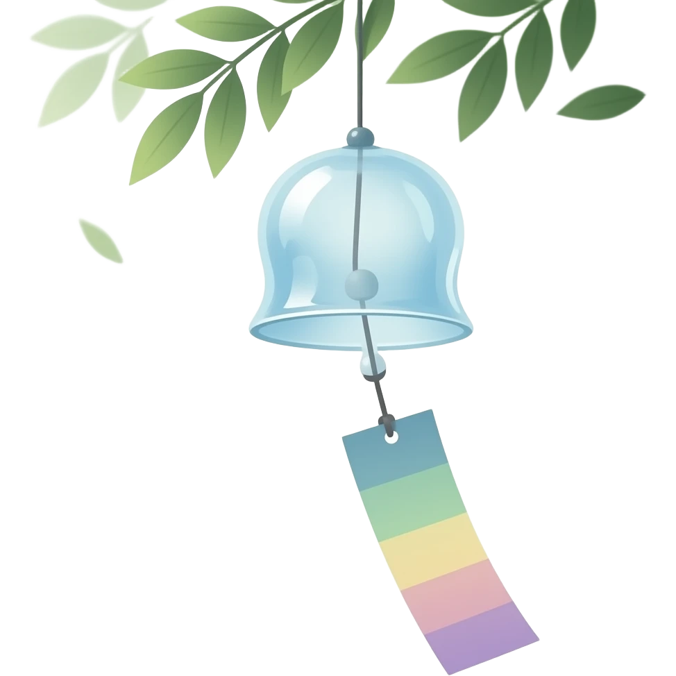 "A delicate Japanese furin wind chime hanging outdoors, with one rectangular paper strip attached below. The paper is a different color each time (random color), gently moving with the wind. Minimalist, soft lighting, calm atmosphere." emoji