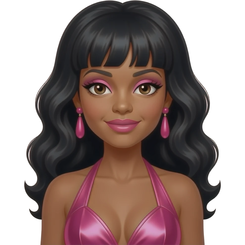 Diana Ross with dark brown eyes, long black 60s beehive hair, pink eyeshadow and lipstick, hot pink metallic halter dress, pink earrings emoji