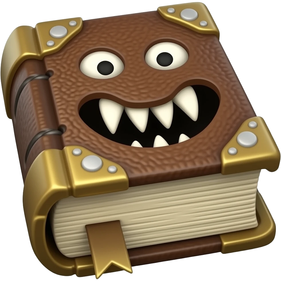 book emoji, small leather-bound spellbook with stitched spine, jagged sharp teeth along opening pages like jaws, glowing round eyes on cover, slightly worn cover, mischievous aggressive expression, fantasy creature, centered, simple background, high detail, 3D emoji style, soft lighting emoji