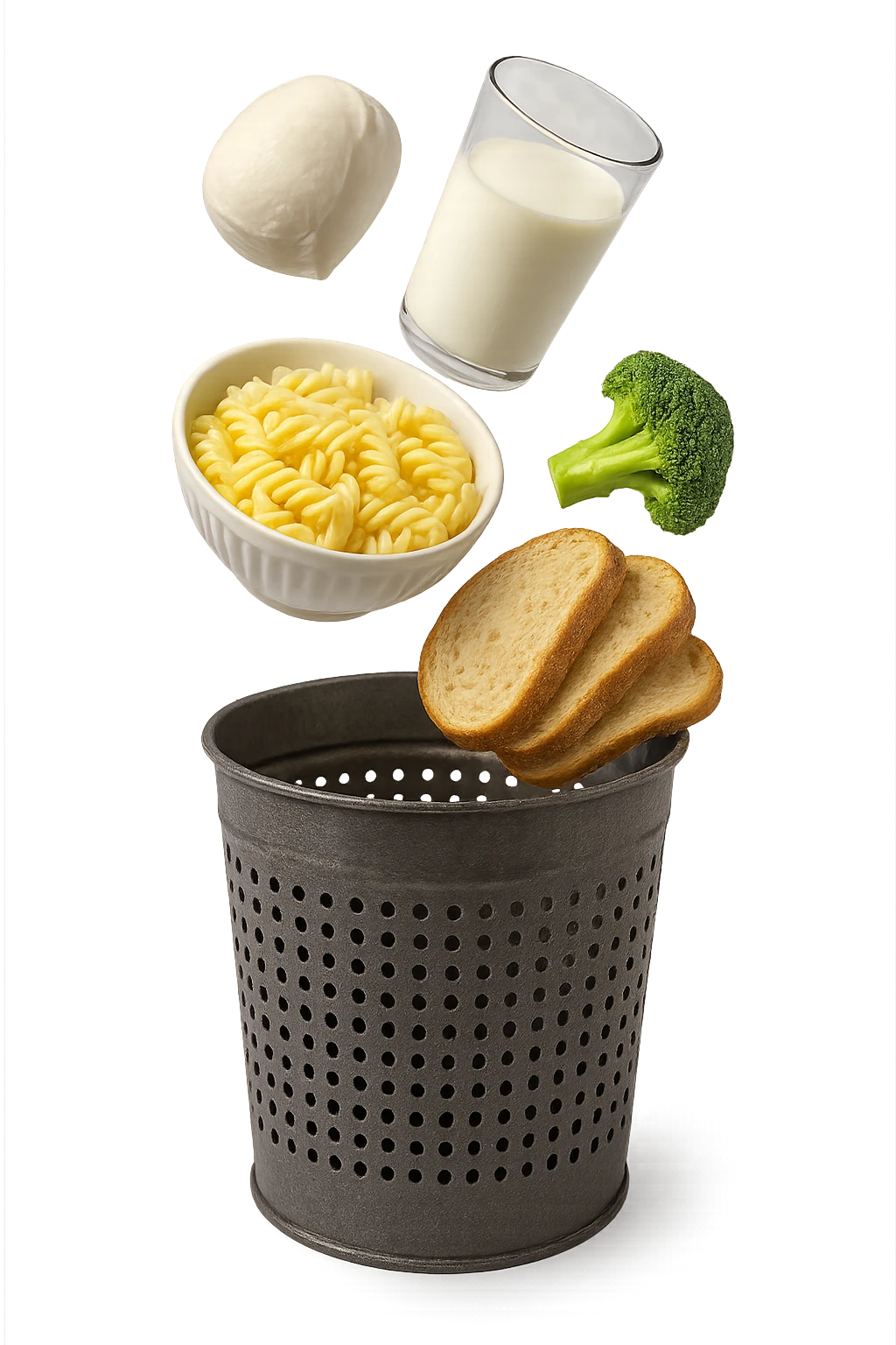 SECCHIO DELLA SPAZZATURA DENTRO CUI CADE UNA MOZZARELLA, UN BICCHIERE DI LATTE, UNA BOWL DI PASTA, QUALCHE BROCCOLO, QUALCHE FETTINA DI PANE emoji