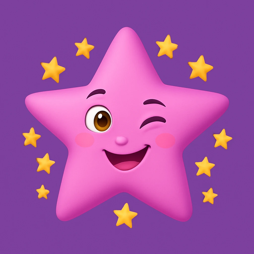 Make the pink star look even cuter with a winking face. Remove any faces from the yellow stars. Keep the purple background as is. emoji
