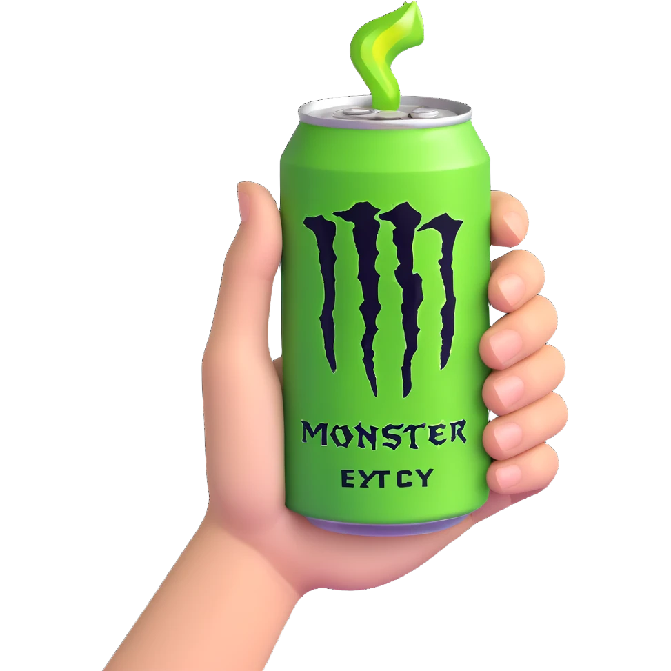 a hand holding a Monster energy drink can, 3D emoji style emoji