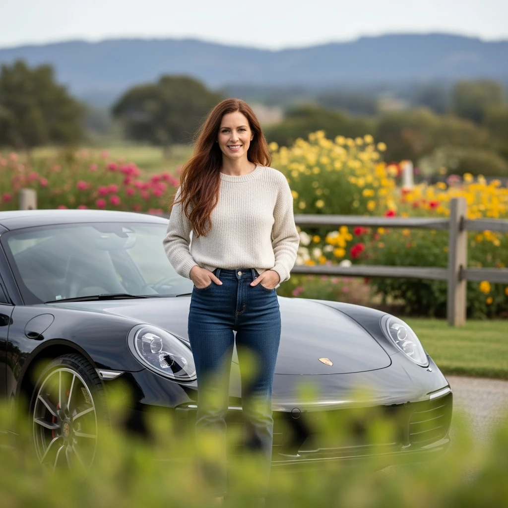 A portrait of a white person next to porsche 911 in the foreground, blurred plants in the foreground, a wooden fence and colorfull flowers in the midground, rolling hills in the background, cinematic depth of field, layered composition, natural lighting emoji