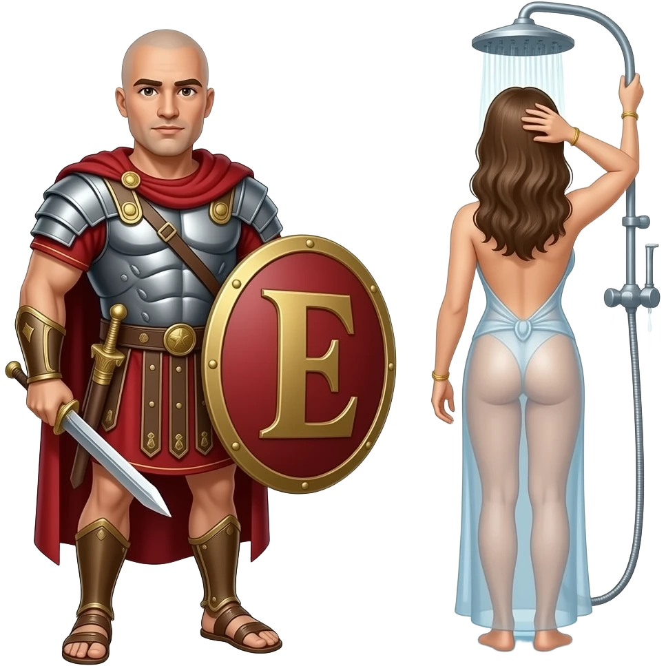 Muscular Roman soldier bald with brown eyes the Letter E on the shield with empress in shower facing away bare bum emoji