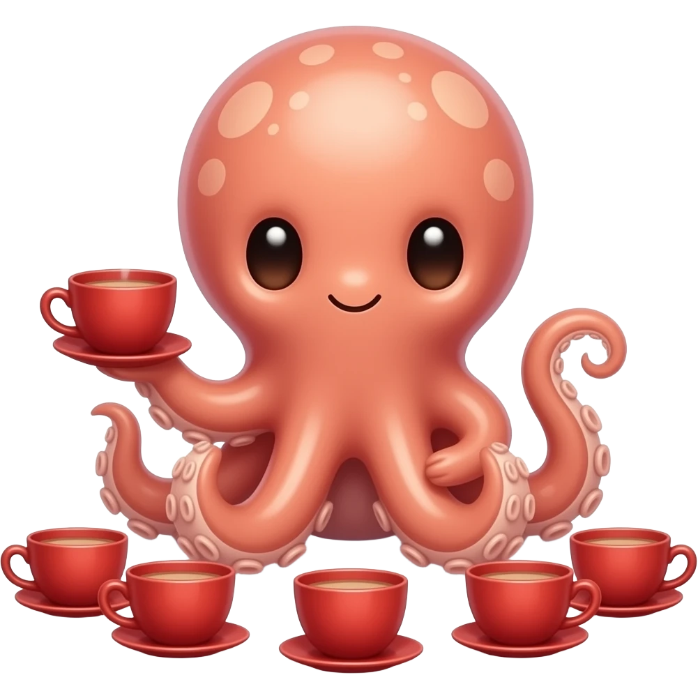 Cute octopus sitting low, holding red teacup in one tentacle while more cups surround it, front-facing whimsical pose emoji
