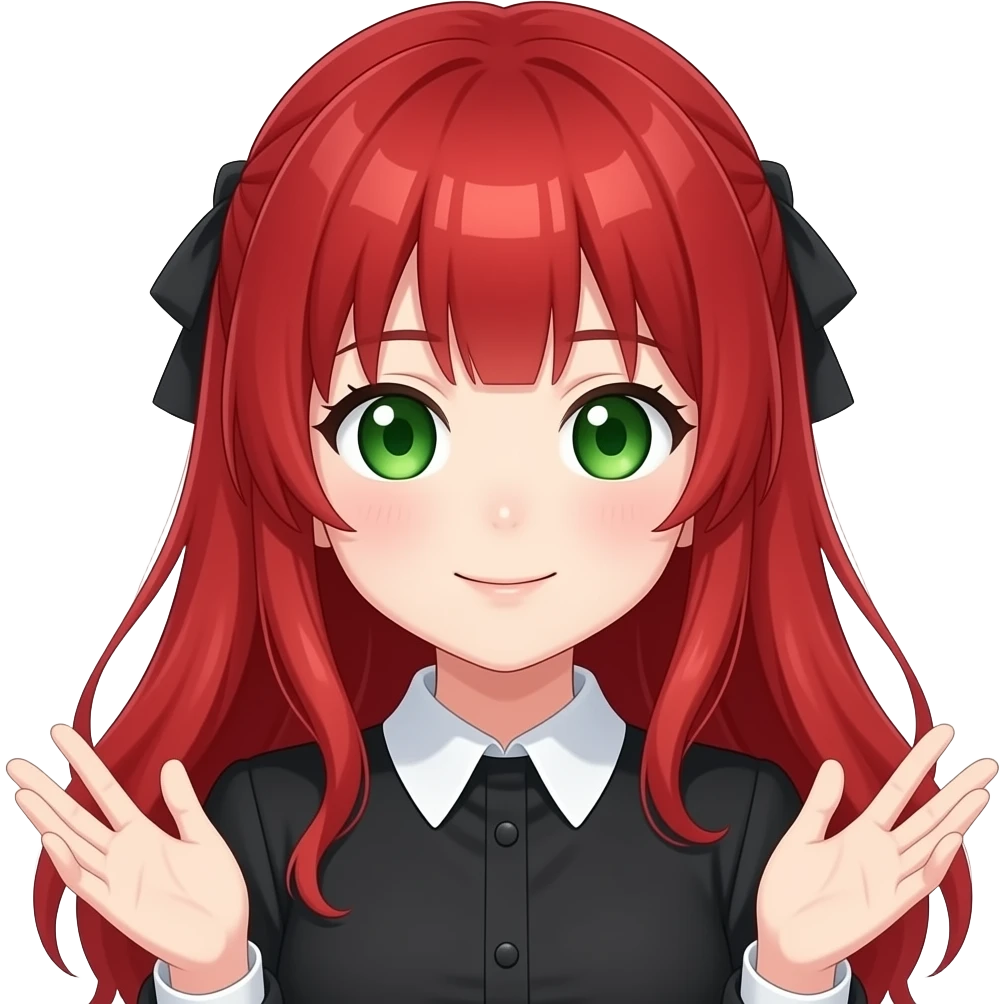 anime girl idk hands red hair green eyes black blouse with white collar emoji