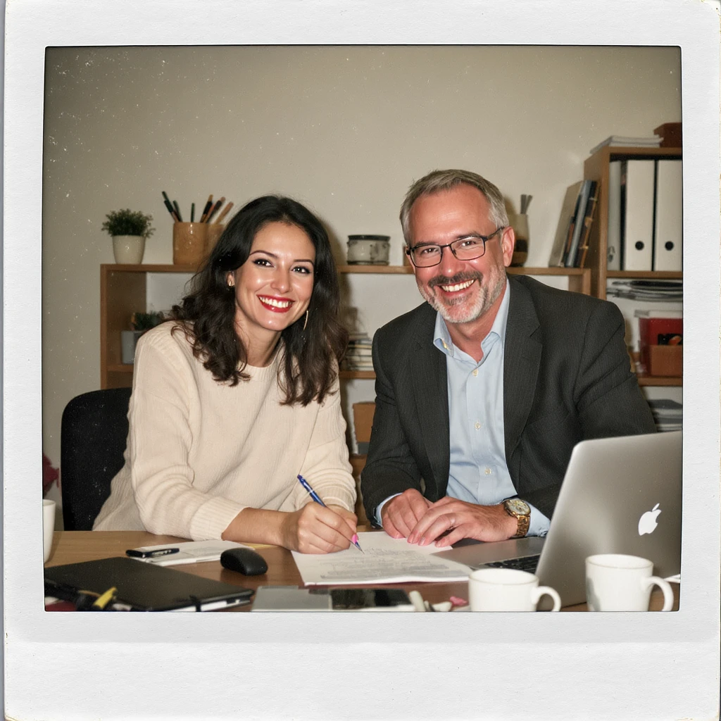 A cheerful designer and manager working together at a desk, both smiling brightly, with a mix of creative tools and office supplies in the background. emoji