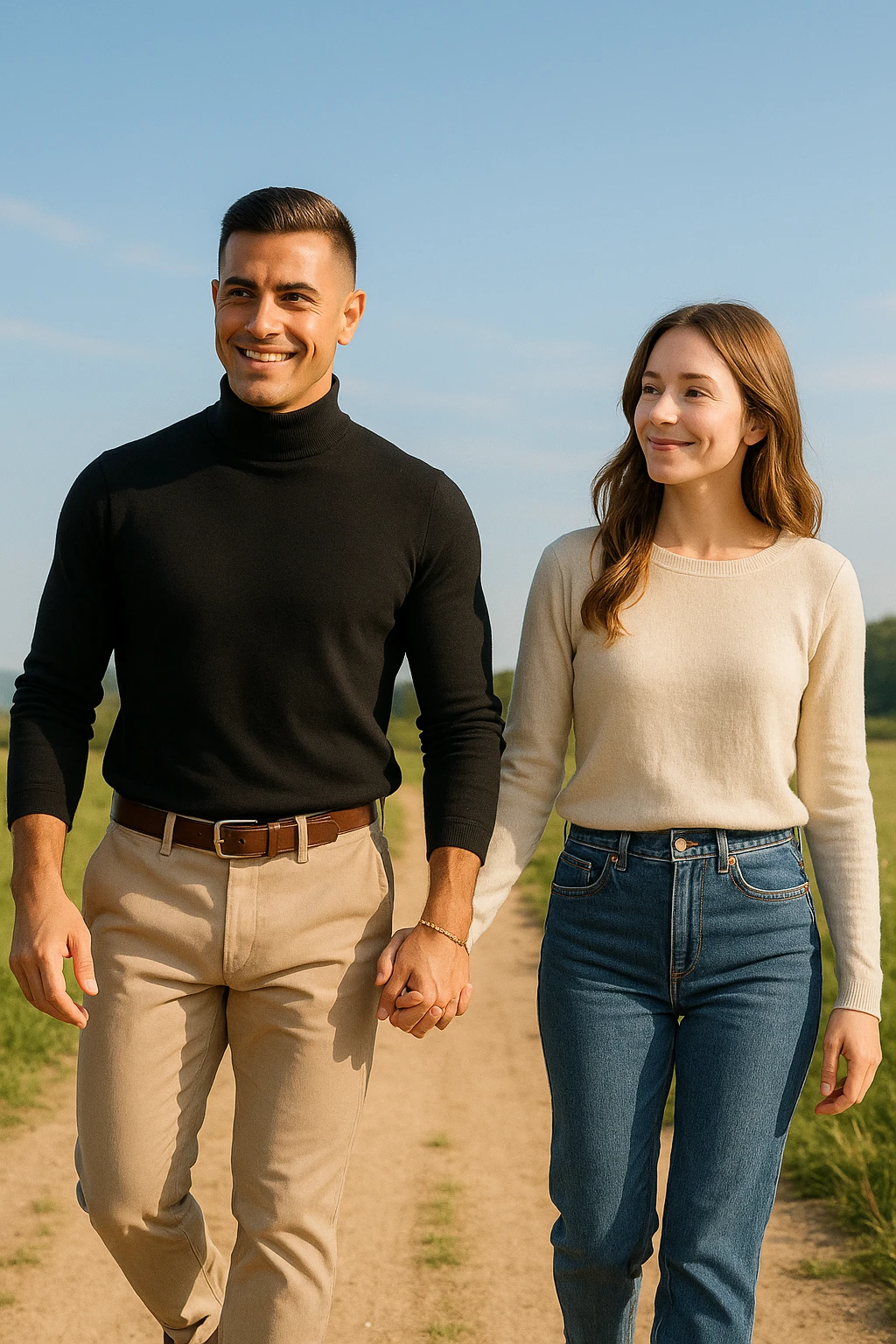 a couple walks together along a path, the man gently leading the way while the woman follows with trust and a smile. Both appear confident and content, symbolizing partnership and mutual respect. The background is a bright, open landscape, evoking a sense of shared journey and harmony. emoji