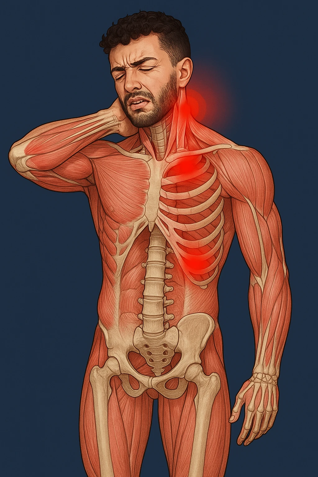 Uomo con dolore per infortunio vista anatomica in piedi con dolori cervicali emoji