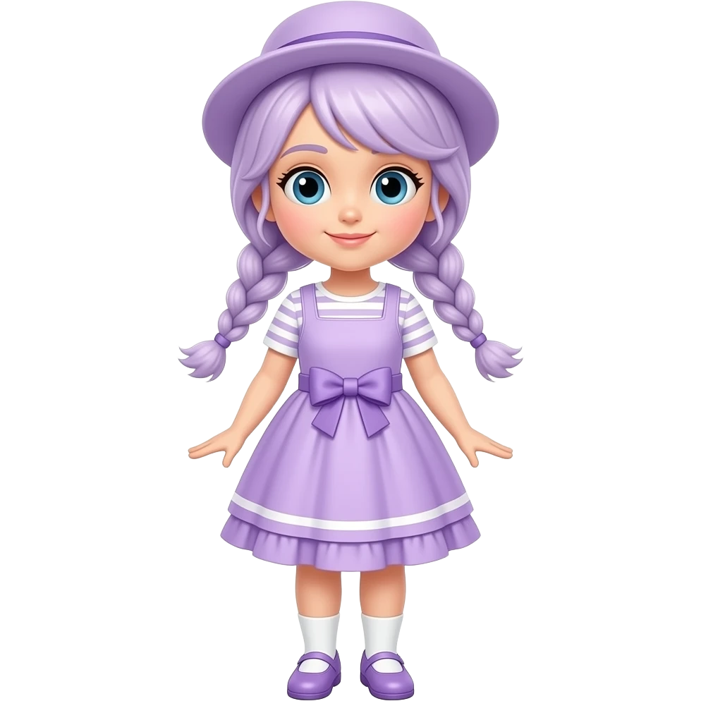A girl with pale purple hair tied in braids and blue eyes, wearing a pale purple dress with white striped sleeves and skirt, a pale purple frill, and a pale purple waist bow, pale purple shoes with white socks, and a pale purple hat. emoji