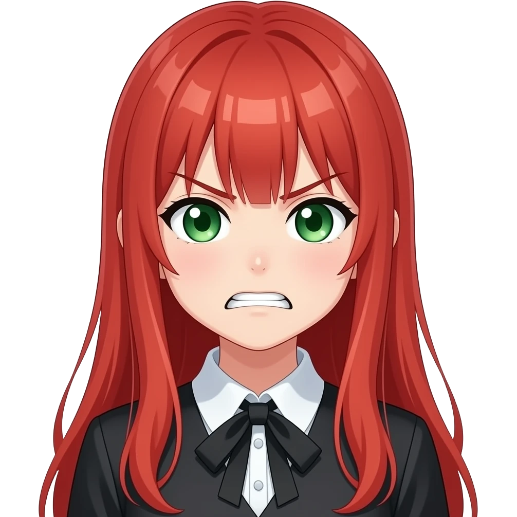 anime girl grimacing expression long red hair green eyes black blouse with white collar emoji