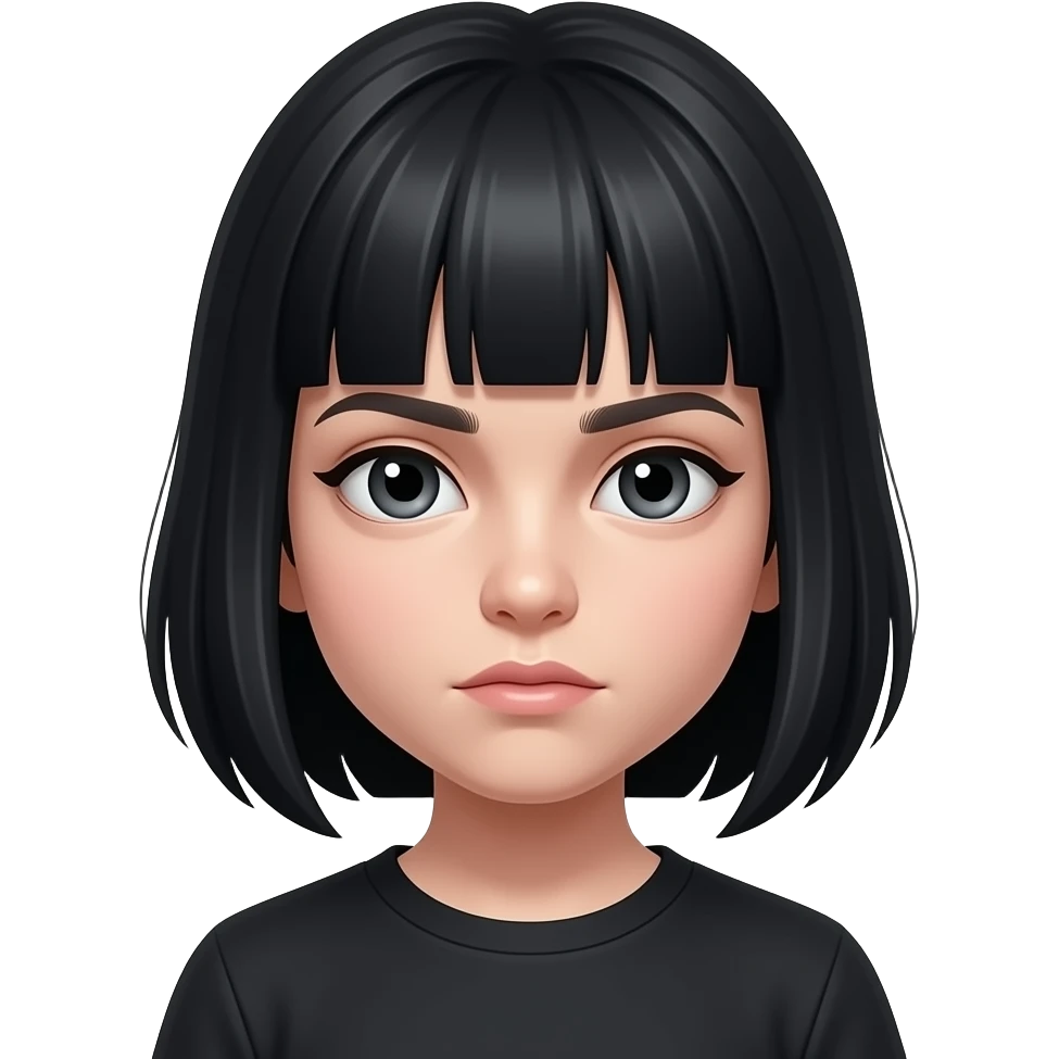 8 year old goth girl with black hair and bangs covering her eyes and with a serious mouth emoji