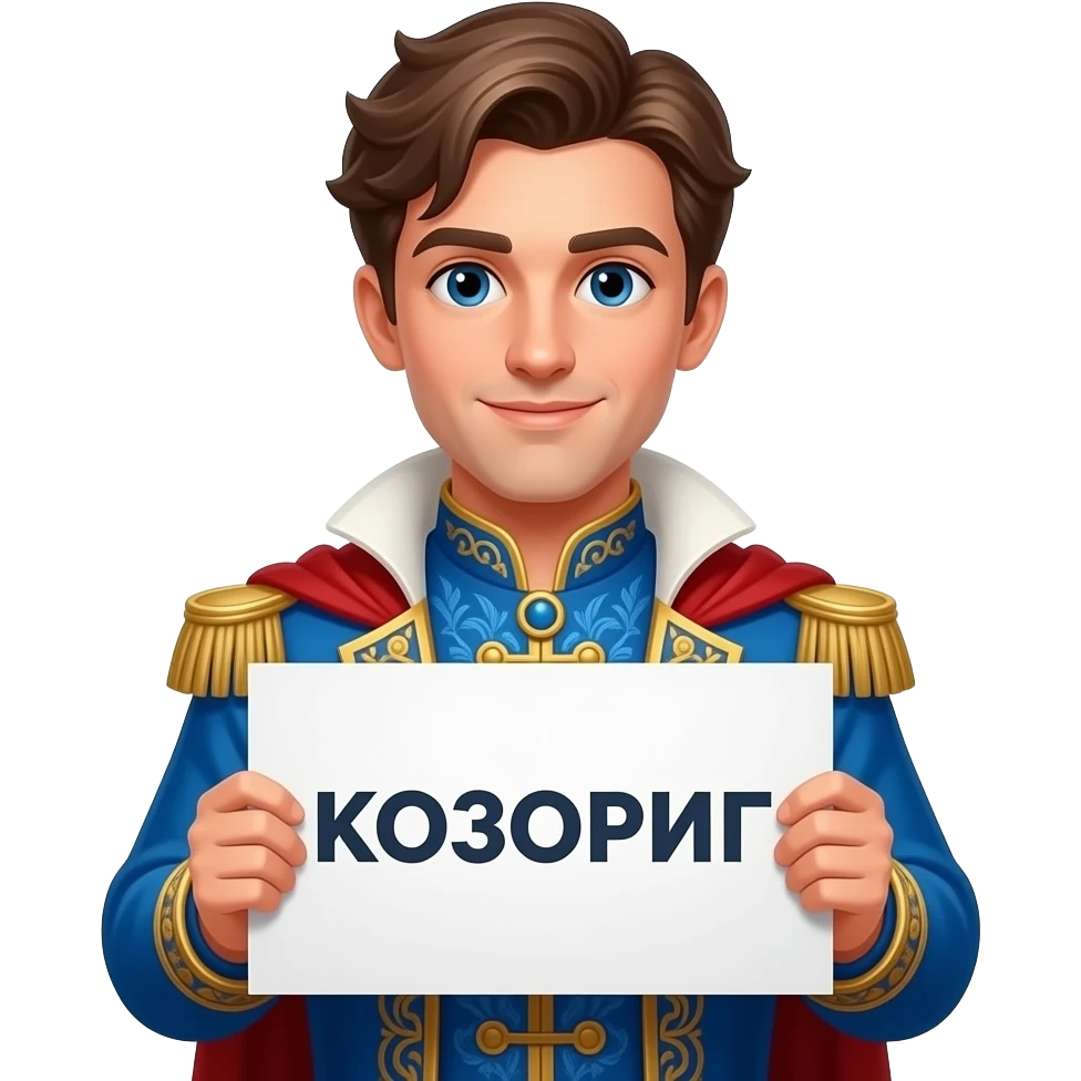 Гарний принц тримає в правій руці білу табличку де написано "КОЗОРІГ" emoji