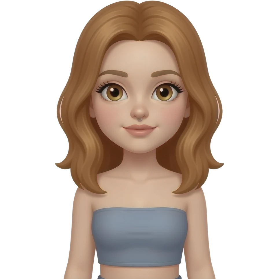 A young white girl, light brown hair almost red, with long eyelashes, nose piercing (spot of light), clothes (cropped tube) emoji