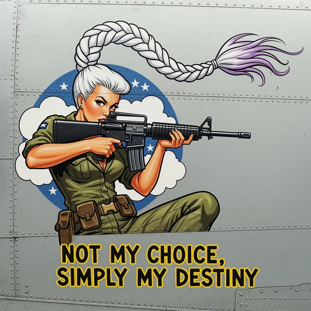 a retro military pinup fuselage decoration for the motto " not my choice, simply my destiny "
the female figure in the pinup image wears a single white braid with lavender tips, tactical reloading m4a1 emoji