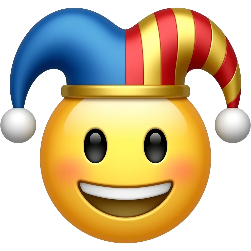 Happy Jester, Have his teeth smoothed out like a regular emoji, Give her dark eyes that seem a bit sad but not too sad, Make his hat bigger that's red and blue with red stripes, keep the top, add gold stripes to his hat at least 3 on each side. make the balls white emoji