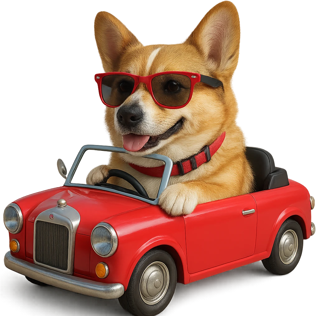 Make this corgi driving a car 30% more realistic, but keep it playful and cute, with a transparent background. Maintain the playful and cute style while enhancing realism moderately. emoji