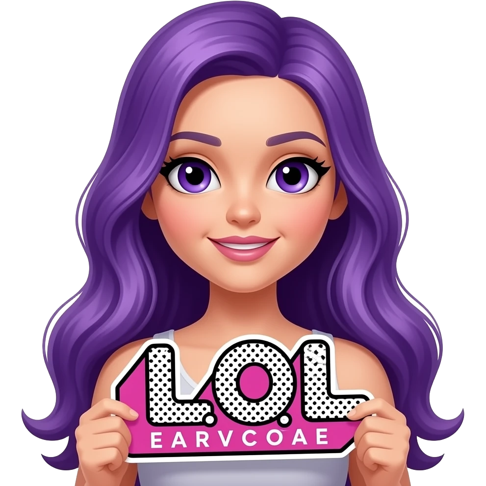sexy girl with long purple hair and purple eyes holding a L O L sign emoji