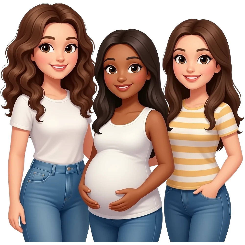 3 friends 1 tall with long curly hair, 1 brunette pregnant,  1 brunette emoji