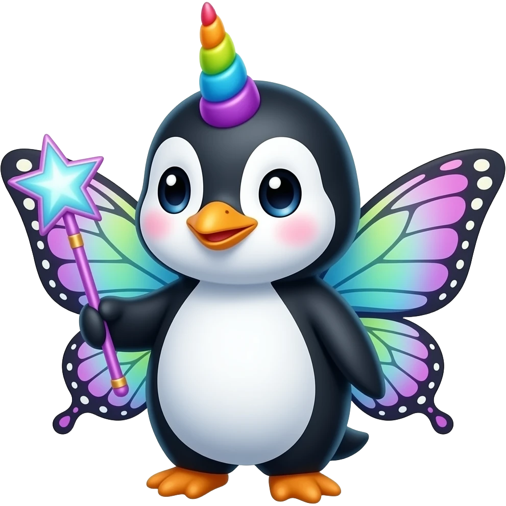 cute penguin with butterfly-like fairy wings on the back, with rainbow unicorn horn,  female eyes, holding a fairy wand, emoji