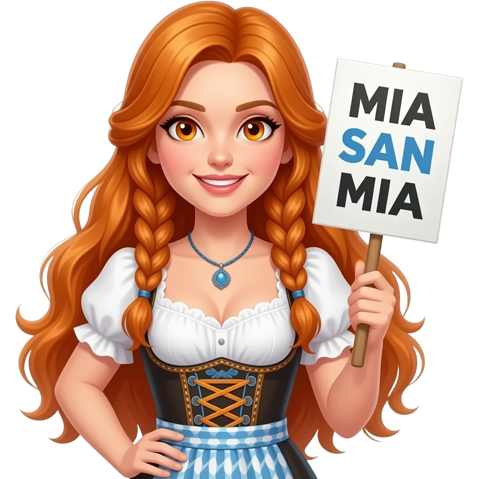 sexy girl with overlong ginger hair in braids and ginger eyes wearing a dirndl holding a MIA SAN MIA sign emoji