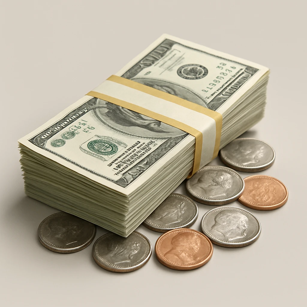 realistic emoji of a pile of cash and coins, detailed, photorealistic emoji