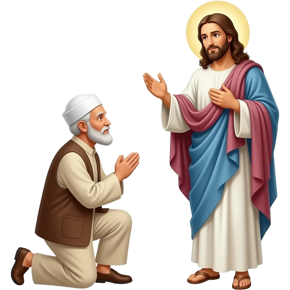 пожилой мужчина мусульманин стоит на коленях  перед Иисусом, который стоит перед ним emoji