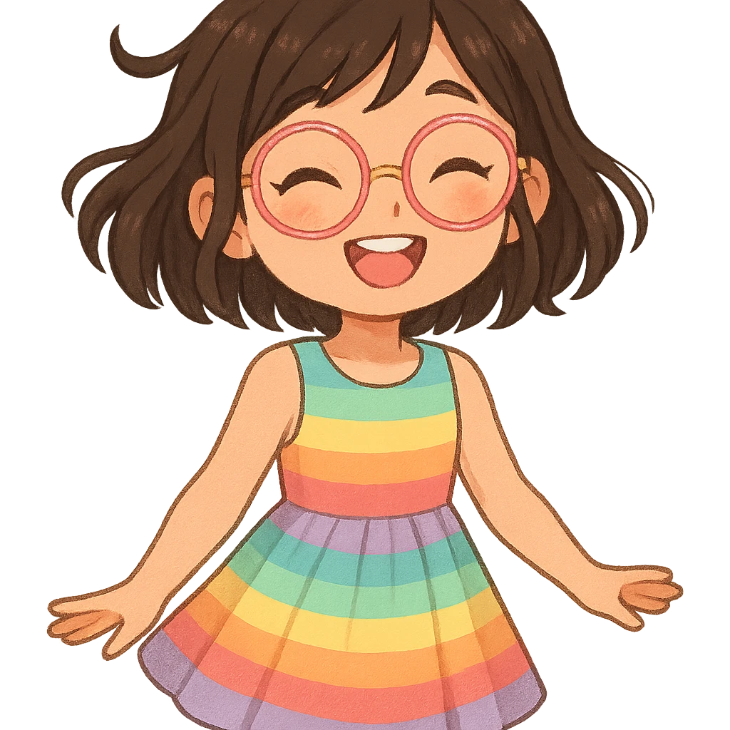 cute teen girl with round pink and gold glasses, wearing a cute rainbow dress, cheerful expression, stylized and wholesome, focus on cuteness and fashion emoji