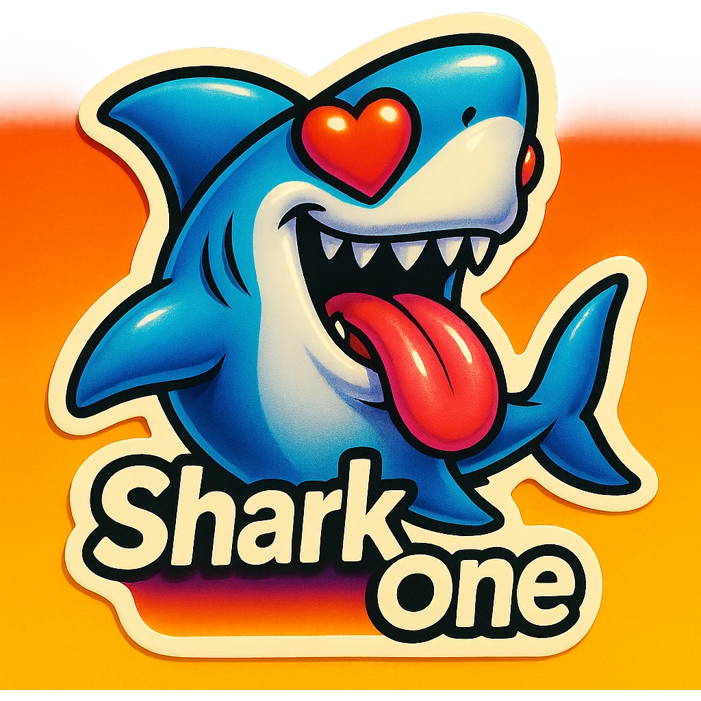 mouth open with tongue out
heart shaped eye
add the words “ Shark One " in White emoji