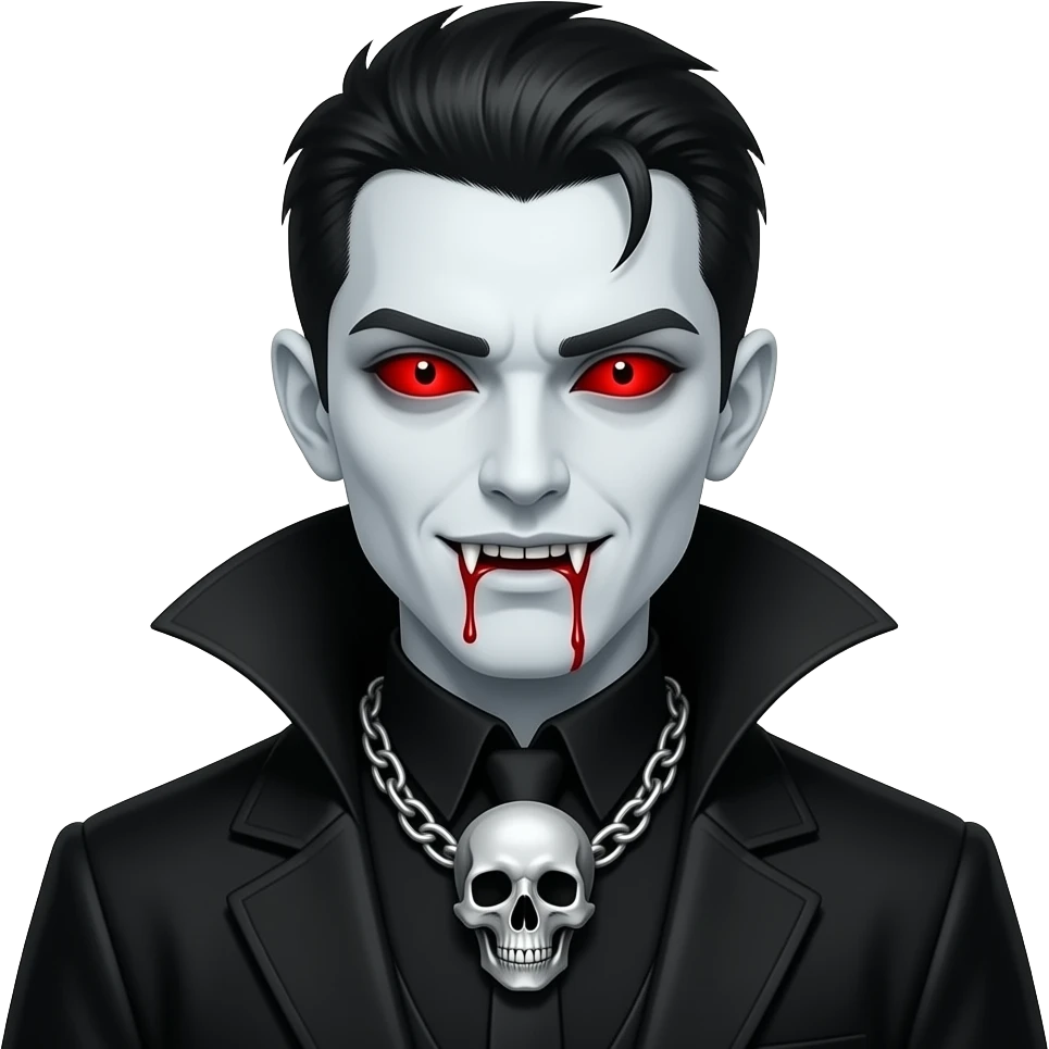 create a picture of a white pale vampire with short black hair and full red eyes and red sclera and long fangs and bloody mouth and black closed robe with big silver chain of a skull - make his scary emoji