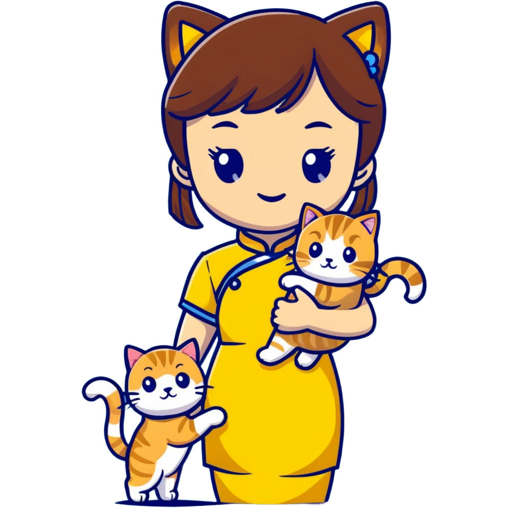 girl with brown hair and bangs wearing yellow qipao with a gray tabby cat emoji
