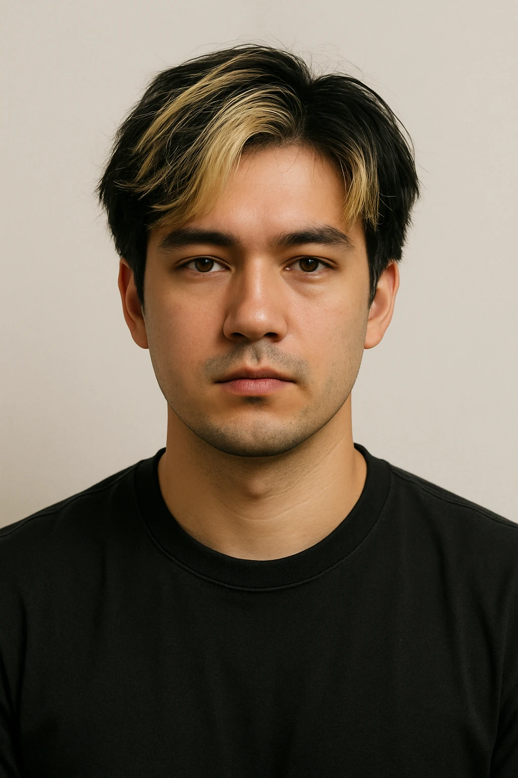 man with black hair and blonde highlights, neutral expression, upper body only, plain background emoji