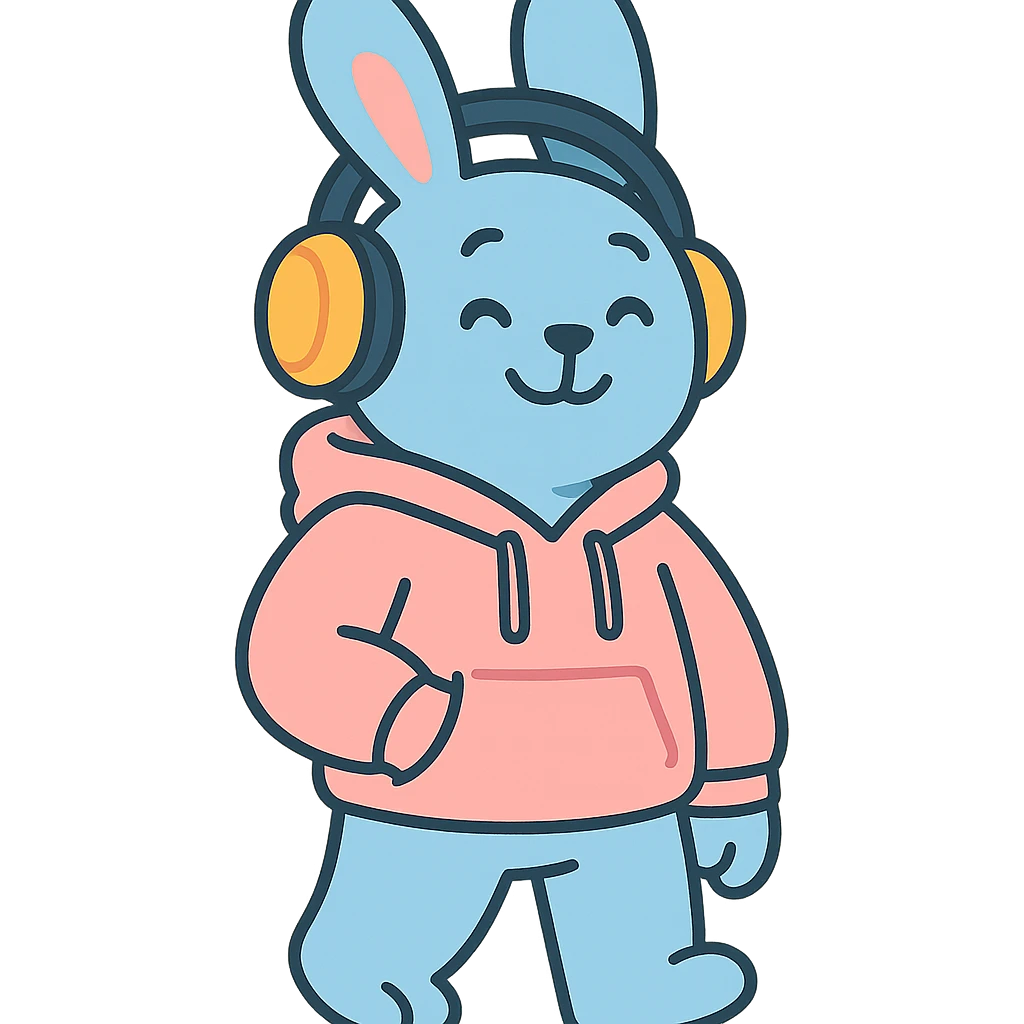 blue bunny in hoodie, one paw in pocket, headphones on, pastel-toon style emoji