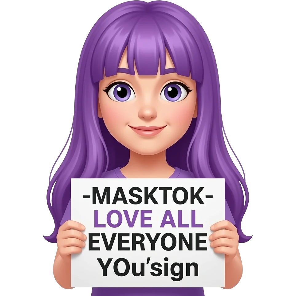 girl with long purple hair holding a -MASKTOK- LOVE ALL EVERYONE YOUsign emoji