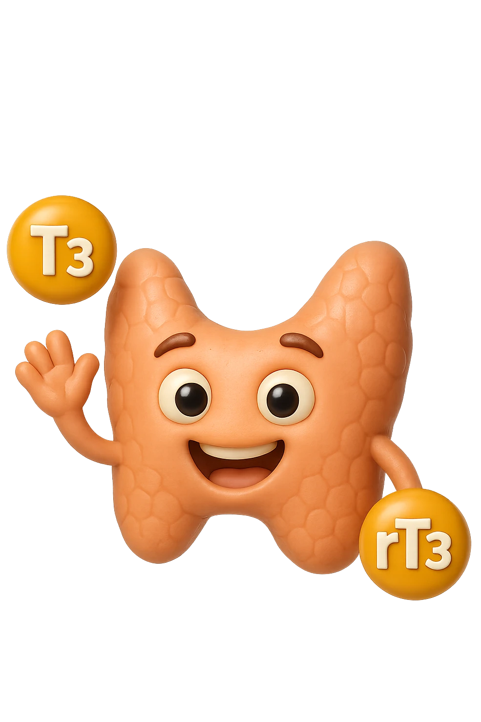 EMOJI STILE IPHONE 3D DI ormoni tiroidei (T3 ed rT3) che fluttuano in aria intorno ad una tiroide felice, iperrealistico 4k emoji