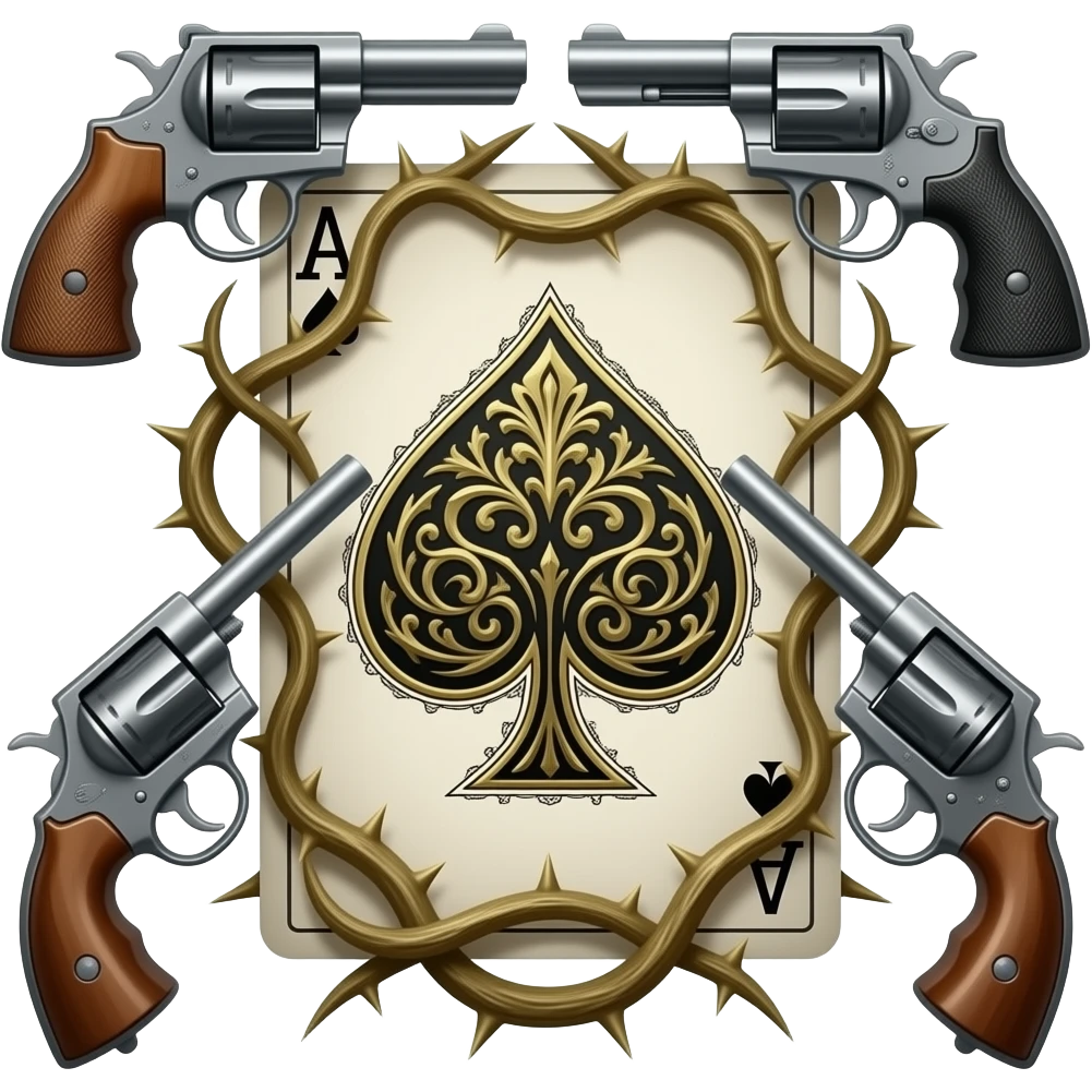 richly ornamented spade ace surrounded by tendrils of thorns and antique 1851 Navy Revolvers and Rickenbacker Motorhead MODEL 4003SW emoji