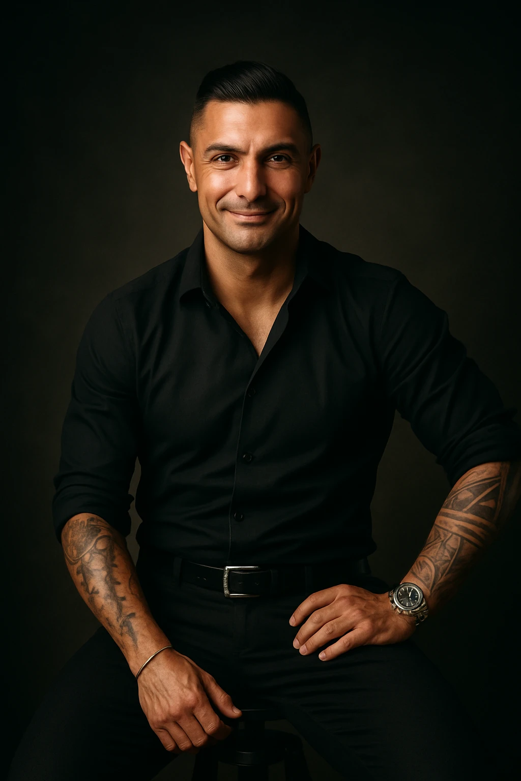 Realistic and cinematic style portrait of a man representing complete well-being: positive energy, confident posture, relaxed smile, details conveying mental and physical strength. Aspect ratio 2:3. emoji