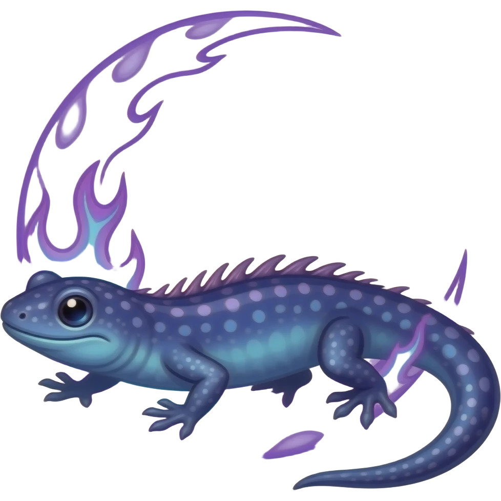 salamander full body, blue and purple moon flames, crescent moon glow, mystical, semi-realistic illustration, fine details, glowing ember effects, discord emoji emoji