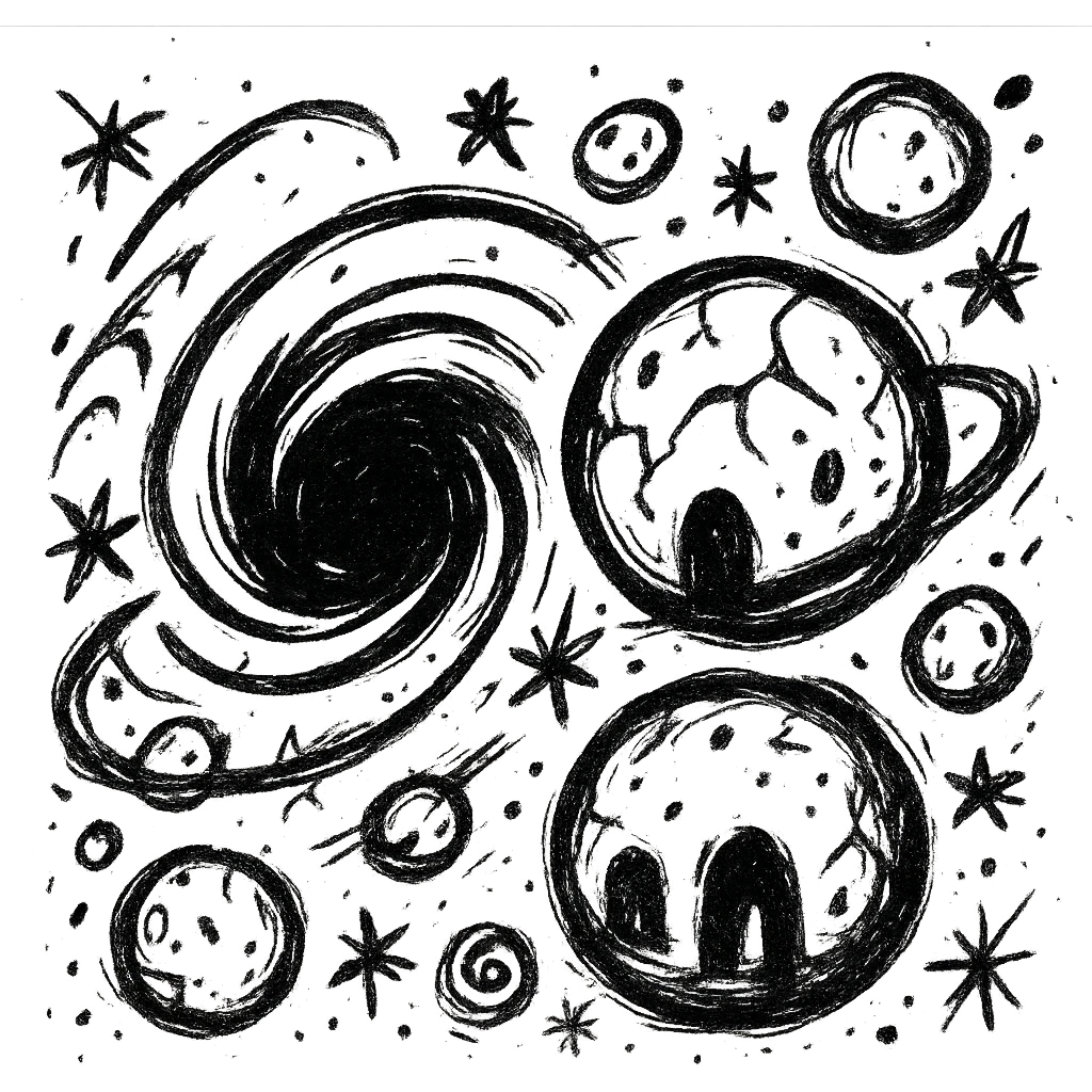 map of dark back ward -“A dark cosmic region orbiting a massive black hole. No sunlight. A dead solar system with twisted planets and moons circling in silence. Monde Noir looms in the foreground — a cracked, obsidian planet with no atmosphere. Its moon, Oblieth, floats nearby, scarred and pitted, with faint green lights glowing from within cave openings. Stars are distorted and streaked by gravitational lensing. The entire scene is heavy, quiet, and surreal.” emoji