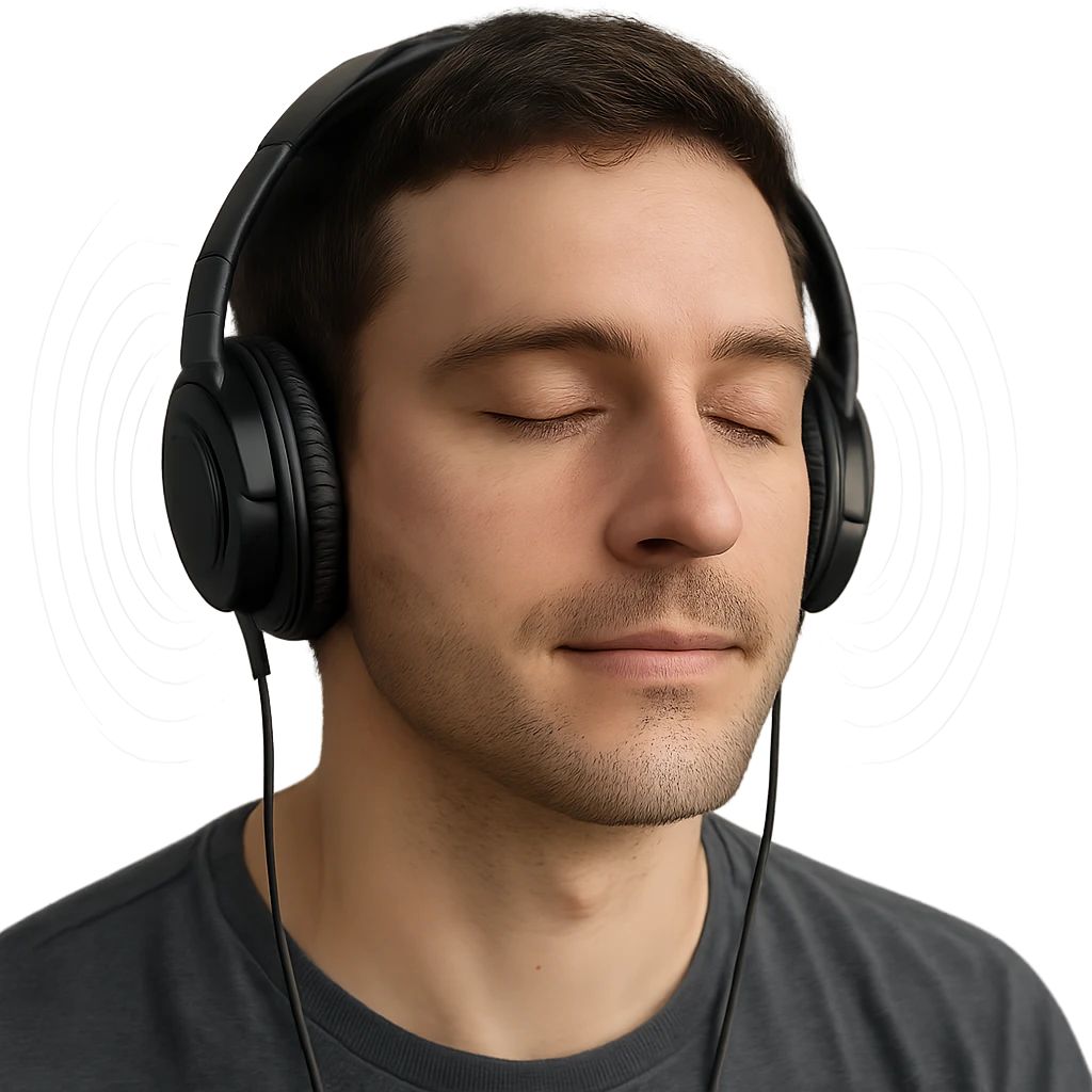 realistic close-up of a person listening to ASMR, subtle sound waves, serene face, high definition, smooth edges emoji